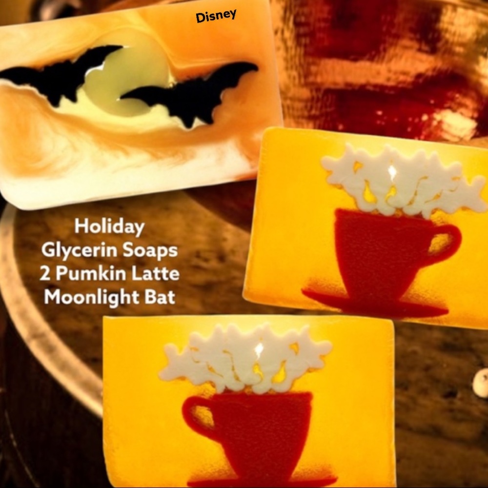 Set 3 Handmade Natural Scented Soaps Pumpkin Spice Latte / Disney Moonlight Bat